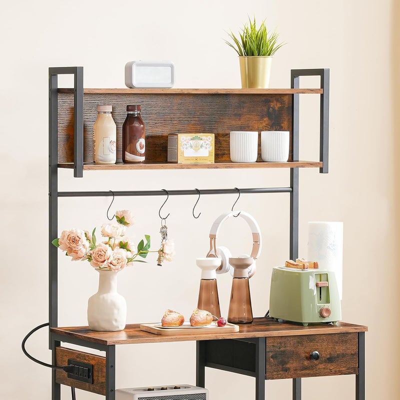 HOOBRO Bakers Rack with 4 AC Power Outlets, 5-Tier Coffee Bar with Wire Basket, Microwave Stand with Paper Holder and Drawer, Kitchen Storage Shelf, Rustic Brown and Black BF84UHB01 - Image 5